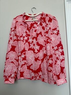 Boden Red and Pink Floral V-Neck Blouse
